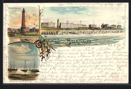 Lithographie Borkum, Badestrand, Leuchtturm Und Abend An Der Buhne  - Borkum