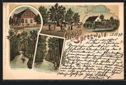 Lithographie Burg / Spreewald, Gasthaus Wotschofska, Forsthaus Eiche Und Kanowmühle  - Chasse