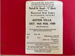 Football Ticket Billet Jegy Biglietto Eintrittskarte Blackburn Rovers - Aston Villa 16/02/1980 - Toegangskaarten