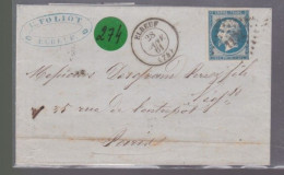 Un  Timbre  Napoléon III   N°  14     20 C Bleu   Sur  Lettre   Cachet  Elbeuf   1861  Destination Paris - 1849-1876: Periodo Clásico