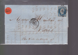 Un  Timbre  Napoléon III   N°  14     20 C Bleu   Sur  Lettre   Bordeaux  1857 Destination Paris - 1849-1876: Klassieke Periode