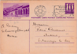 1938 Svizzera Intero Postale 10c Figurato Auto BAD RAGAZ  -  DORFBAD Annullo Meccanico Ponte Radio - Storia Postale