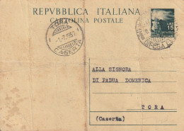 Italy. A204. Roma. 1950. Annullo Guller MINISTERO DIFESA, Su Cartolina Postale Democratica L. 15, Per TORA (CASERTA) - 1946-60: Poststempel