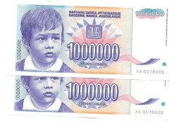 Yougoslavie Yugoslavia 1.000.000 Dinara 1993 UNC / NEUF - 2 Consecutive - Other - Europe