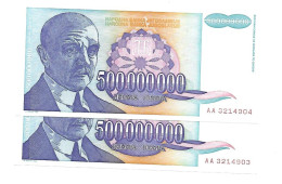 Yougoslavie Yugoslavia 500.000.000 Dinara 1993 UNC / NEUF - 2 Consecutive - Autres - Europe