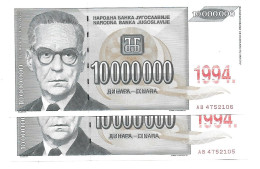 Yougoslavie Yugoslavia 10.000.000 Dinara 1993 / 1994  UNC / NEUF - 2 Consecutive - Other - Europe