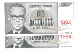 Yougoslavie Yugoslavia 10.000.000 Dinara 1993 / 1994  UNC / NEUF - 2 Consecutive - Jugoslavia