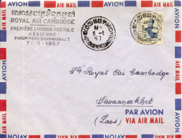 Aérophilatélie-Royal Air Cambodge-première Liaison Postale Aérienne PNOM-PENH-SAVANNAKHET -cachet De Pnom Penh Du 5.1.57 - Premiers Vols
