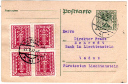 Österreich 1922, 4er-Block 10 Kr. Auf 5 Kr. Ganzsache V. Wien N. Liechtenstein - Brieven En Documenten