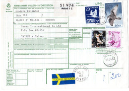 Schweden 1983, 50+20+10+8 Kr. Auf Luftpost Paketkarte V. Malmö N. Taiwan - Storia Postale