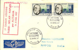 Aérophilatélie-1ère Liaison Aérienne PARIS-MILAN-NAPLES Par Alitalia 14 Avril 1957-cachet De Paris Du 13.04.57 - Primi Voli