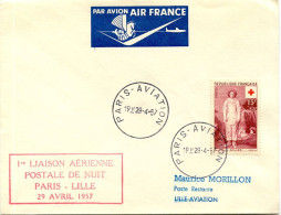 Aérophilatélie-1ère Liaison Aérienne Postale De Nuit PARIS-LILLE 29 Avril 1957 Par Air-France-cachet De Paris Du 29.04.5 - Eerste Vluchten