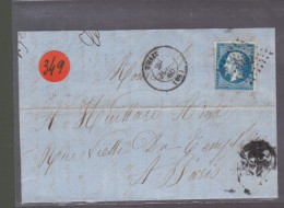 Un  Timbre  Napoléon III   N°  14     20 C Bleu   Sur  Lettre   Cachet Mardore  1860  Destination Paris - 1849-1876: Classic Period