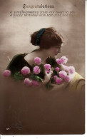 C48. Antique Tinted Greetings Postcard.  Lady With Pink Flowers. - Vrouwen