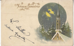 C59. Vintage French Greetings Postcard. Snowy Night Scene Of Church Steeple. - Altri & Non Classificati