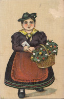 C17. Vintage Postcard. Drawing Of A Lady With A Letter And Basket Of Flowers - Frauen
