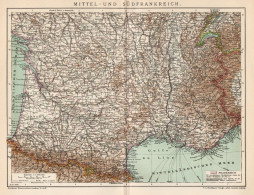 B6378 Central And Southern France - Carta Geografica Antica Del 1904 - Old Map - Mapas Geográficas