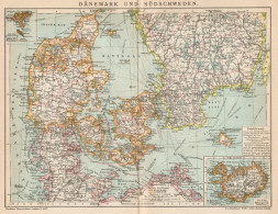 B6181 Denmark And South Sweden - Carta Geografica Antica Del 1901 - Old Map - Geographical Maps