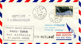 Aérophilatélie-Première Liaison Aérienne PARIS-TURIN Par Alitalia 1er Juin 1958-cachet De Paris Du 01.06.58 - Erst- U. Sonderflugbriefe