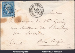 FRANCE N° 22 SUR LETTRE GC 822 + CAD PRECURSEUR CONVOYEUR MONTPELLIER A CETTE - 1862 Napoleon III