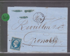 Un  Timbre  Napoléon III   N°  14   20 C Bleu  Sur Lettre  Départ Voiron      1860    Destination Grenoble - 1849-1876: Klassieke Periode