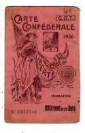 Carte Confédérale CGT 1936 , Fédération Batment Et Bois - Lidmaatschapskaarten