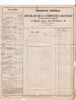 Une Facture Entrepôt  Chocolats De La Compagnie Coloniale Paris 1860  Timbre N° 14 Napoléon III Pour Montélimar - 1800 – 1899