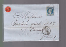 Timbre  Napoléon III N° 14   20 C Bleu  Départ   Lyon  1855   Destination  St- Etienne - 1849-1876: Classic Period