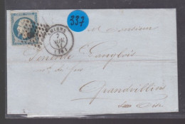 Timbre  Napoléon III N° 14   20 C Bleu  Départ   Amiens  1854   Destination  Grandvilliers - 1849-1876: Classic Period