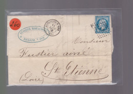 Timbre  Napoléon III N° 14   20 C Bleu  Départ  Boulogne Sur Mer  1860   Destination  St -Etienne - 1849-1876: Classic Period