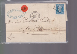 Timbre  Napoléon III N° 14   20 C Bleu  Départ  Boulogne Sur Mer  1860   Destination  St -Etienne - 1849-1876: Periodo Classico