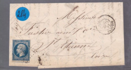 Timbre  Napoléon III N° 14   20 C Bleu Cachet   Joyeuse    Destination  St -Etienne  1855 - 1849-1876: Periodo Classico