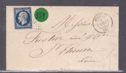 Timbre  Napoléon III N° 14   20 C Bleu Foncé    Cachet   Joyeuse    Destination  St -Etienne  1856 - 1849-1876: Classic Period