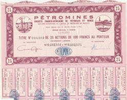 PETROMINES. SOCIETE FRANCO-AFRICAINE DE PETROLES ET MINES TITRE N° 010.103 DE 25 ACTIONS DE 100 FRANCS AU PORTEUR19 COUP - Petróleo