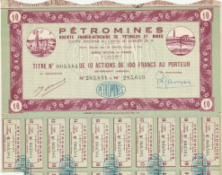 PETROMINES. SOCIETE FRANCO-AFRICAINE DE PETROLES ET MINES TITRE N° 003.564 DE 10 ACTIONS DE 100 FRANCS AU PORTEUR19 COUP - Petrolio