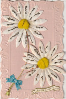 DE 2 - " AMITIE SINCERE " -  COLLAGE  DE FLEURS  - MARGUERITES AVEC BRILLANTS - CARTE  GAUFREE - 2 SCANS - Autres & Non Classés