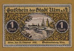1 MARK 1918 Stadt ULM Württemberg UNC DEUTSCHLAND Notgeld Banknote #PJ034 - [11] Local Banknote Issues