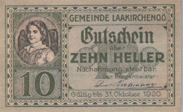 10 HELLER 1920 Stadt LAAKIRCHEN Oberösterreich Österreich Notgeld Papiergeld Banknote #PG929 - [11] Emissions Locales