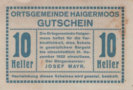 10 HELLER 1920 Stadt Haigermoos Oberösterreich Österreich Notgeld Papiergeld Banknote #PG848 - [11] Local Banknote Issues