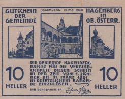10 HELLER 1920 Stadt HAGENBERG Oberösterreich Österreich Notgeld Papiergeld Banknote #PG879 - [11] Local Banknote Issues