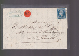 Un Timbre  N° 14       20 C Bleu   Sur Lettre Cachet  Sedan    1860  Destination  Paris - 1853-1860 Napoleone III