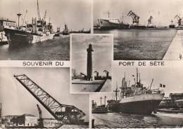 DE 6 -(34) SOUVENIR DU PORT DE SETE - CARTE MULTIVUES : NAVIRES , GRUES  DE CHARGEMENT , PHARE   - 2 SCANS - Sete (Cette)