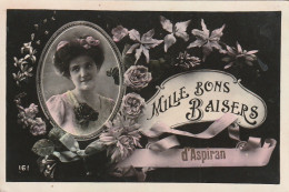 DE 7 -(34) " MILLE BONS BAISERS D ' ASPIRAN " - PORTRAIT DE FEMME AVEC ROSES -  CARTE FANTAISIE COLORISEE-  2 SCANS - Andere & Zonder Classificatie