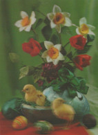 PASCUA POLLO HUEVO FLORES LENTICULAR 3D Vintage Tarjeta Postal CPSM #PAZ016.ES - Easter