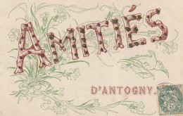 DE 13 -(37) AMITIES D ' ANTOGNY - CARTE FANTAISIE - DECOR FLORA STYLE ART DECO - LETTRES  BOIS  ET BRILLANTS -  2 SCANS - Autres & Non Classés