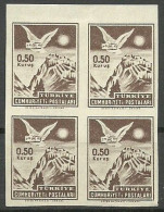 Turkey; 1954 "0.50 Kurus" Postage Stamp ERROR "Imperf. Block Of 4" - Unused Stamps