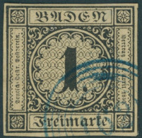 BADEN 1a O, 1851, 1 Kr. Schwarz Auf Sämisch Mit Blauem Nummernstempel 162 (Zell A.H.) - Oblitérés