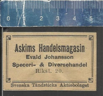 ASKIMS HANDELSMAGAZIN  EVALD JOHANSSON -  OLD VINTAGE ADVERTISING MATCHBOX LABEL MADE IN SWEDEN SVENSKA TÄNDSTICKS A B - Luciferdozen - Etiketten