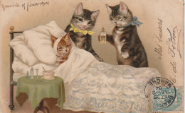 FI 9 - CARTE FANTAISIE , CHATS HUMANISES -  CHATTE VEILLANT  SON CHATON MALADE AU LIT - ILLUSTRATION - 2 SCANS - Katzen