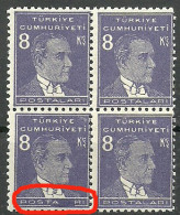 Turkey; 1955 9th Ataturk Issue 8 K. ERROR "POSTA--RI Instead Of POSTALARI" - Ungebraucht